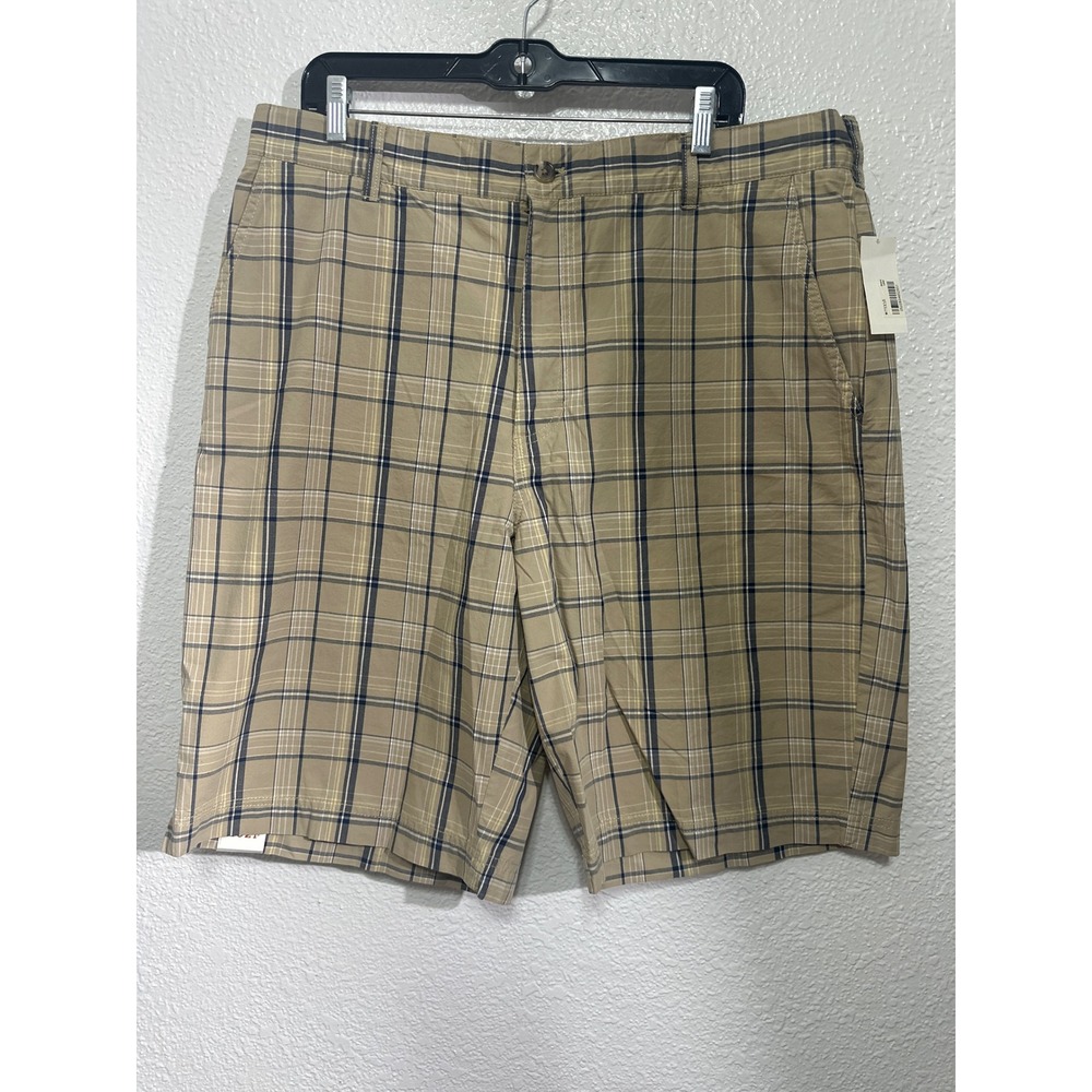 NWT IZOD Mens Saltwater Plaid Shorts Tan Navy Blue 38